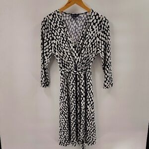 Versona Pullover Dress Size Small Faux Wrap Black and White Elbow Sleeve Stretch